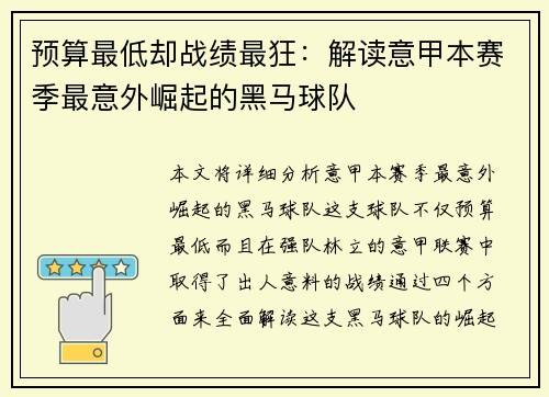 预算最低却战绩最狂：解读意甲本赛季最意外崛起的黑马球队